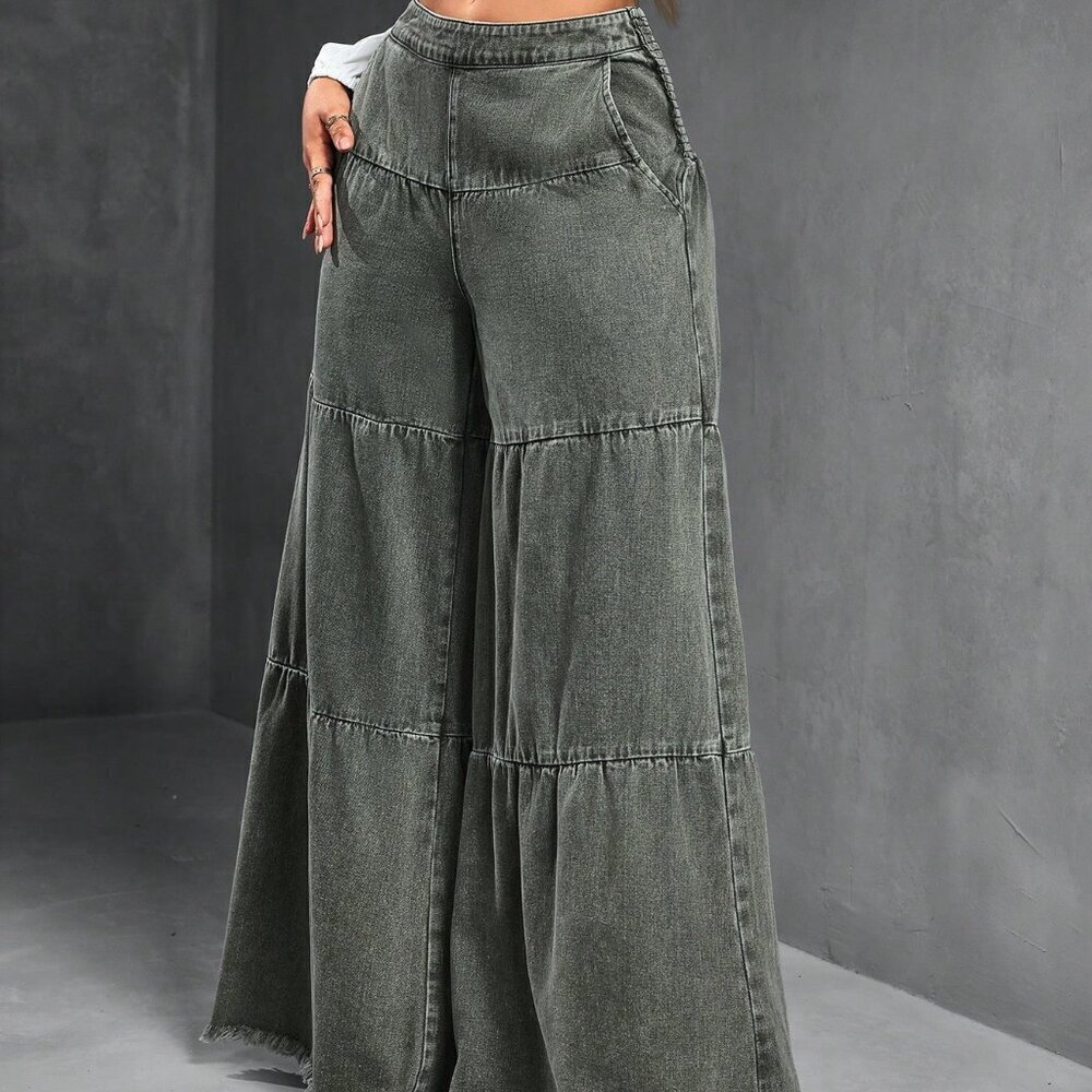 Army Green Women's Loose Boyfriend Style Distressed Hem Patchwork Denim Jeans - Picture 5 of 9